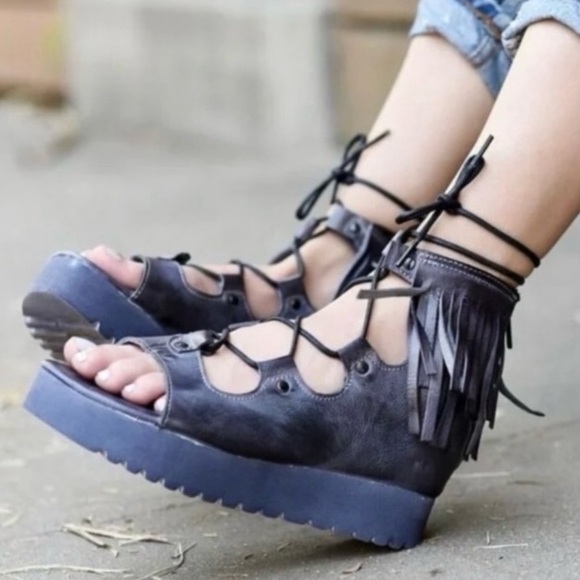 Rare BED STU Sandals MADISON Zip Fringe Gray Blue Purple Leather Size 7.5 - Picture 2 of 15